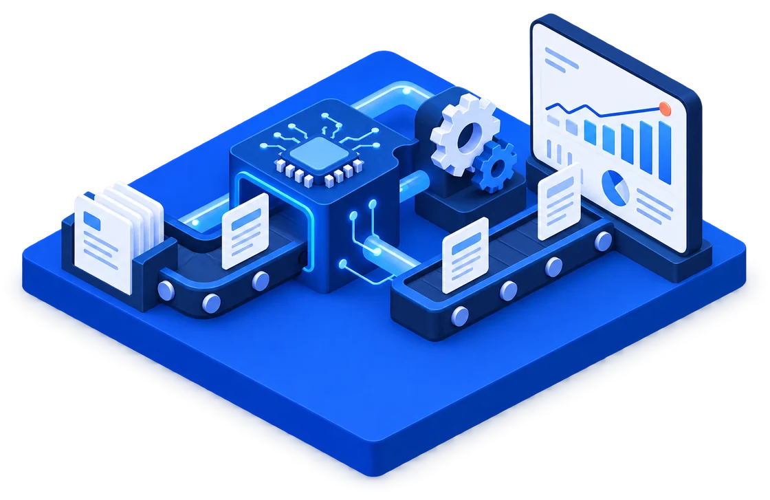 AI業務変革伴走のイメージ。業務の区画の上を、書類がAIと歯車を通って KPI のグラフへ流れる